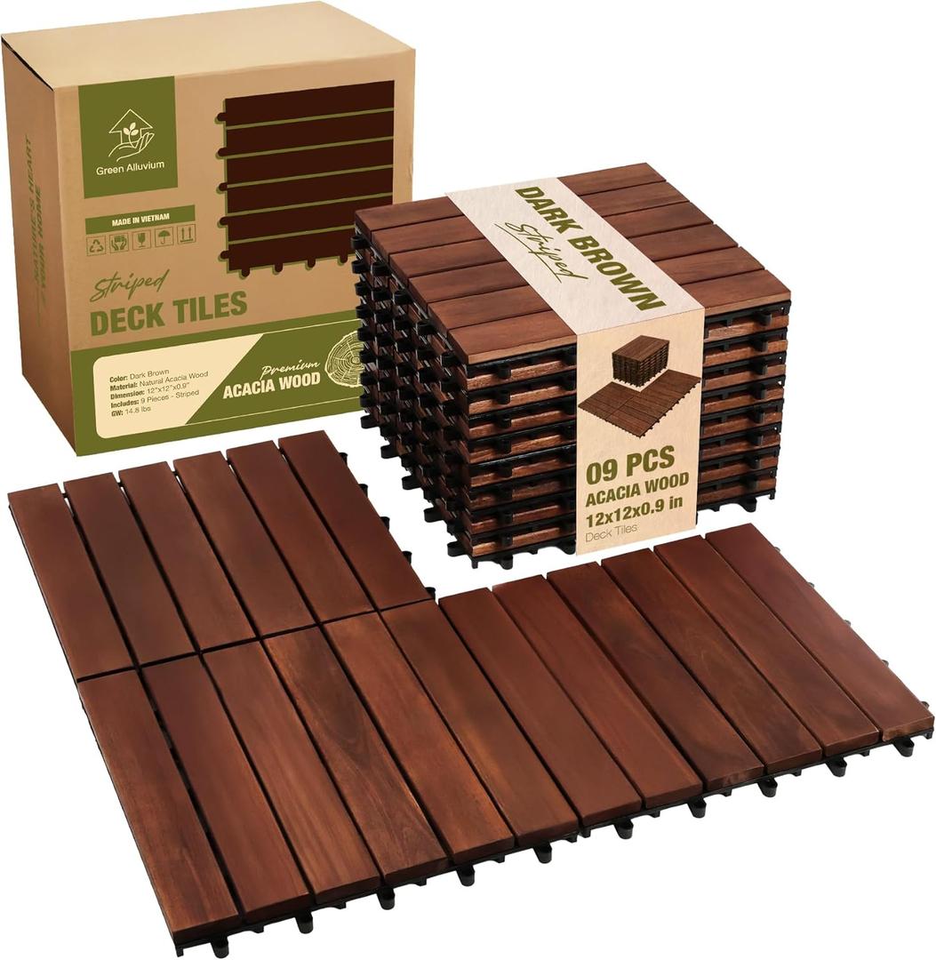 Premium Acacia Wood Interlocking Deck Tiles, 12"x12"x0.9" Outdoor Patio Flooring, Waterproof All-Weather Use, 9 PCS, Dark Brown Striped Pattern