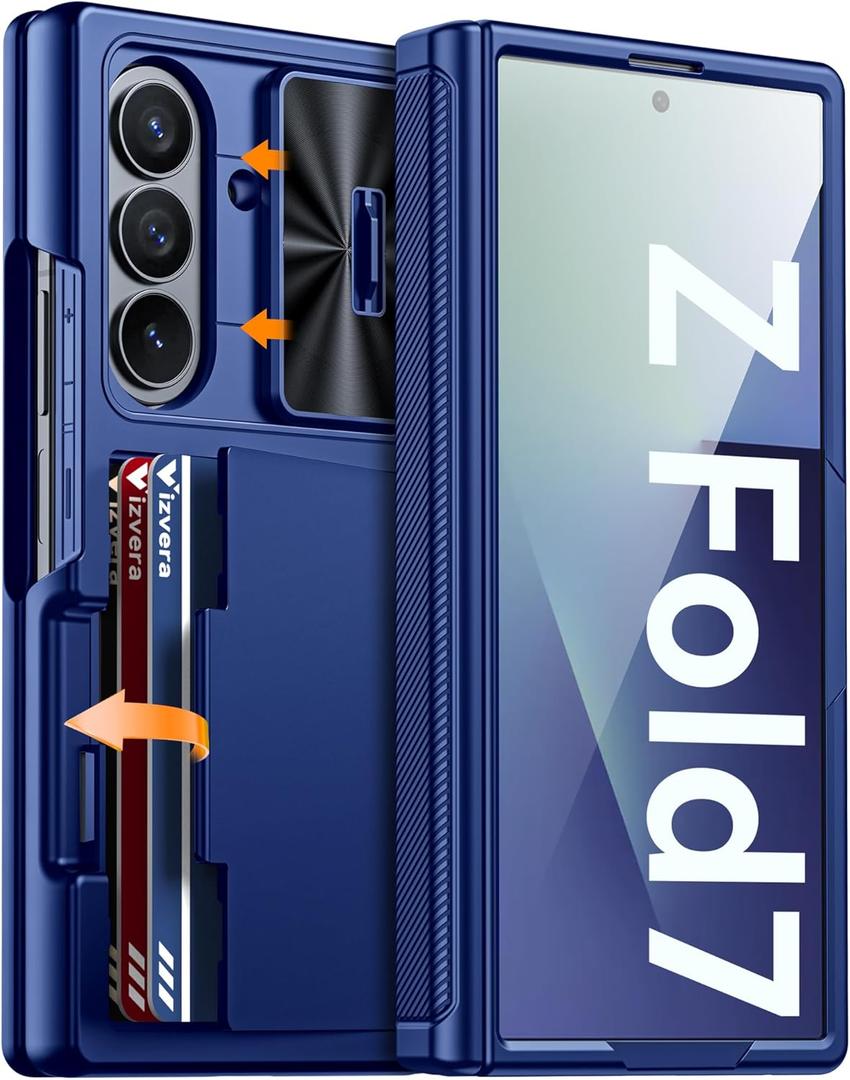Vizvera for Samsung Galaxy Z Fold 7 Case RFID Wallet with Cards Holder [Hinge Cover] [Camera Cover] Shockproof Silicone Protective Phone Case for Z Fold 7 2025-Blue