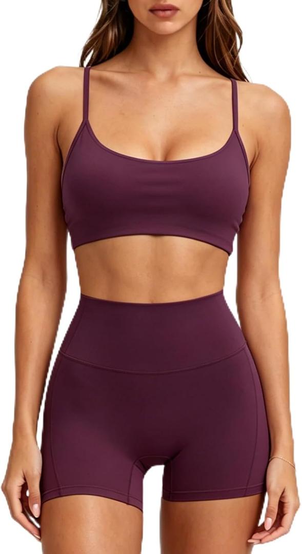 SUUKSESS Workout Sets for Women Y Back Sports Top Padded Racerback Yoga Crop Tank High Waisted Bike Short with Pockets, L