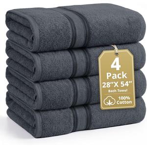 LANE LINEN 100% Cotton 4 Pack Bath Towels Set (28"x54") - Zero Twist, Large Cotton Towels for Bathroom - Quick Dry, Soft & Absorbent Bath Towel Set - Remains Soft After Multiple Washes - Cool Grey