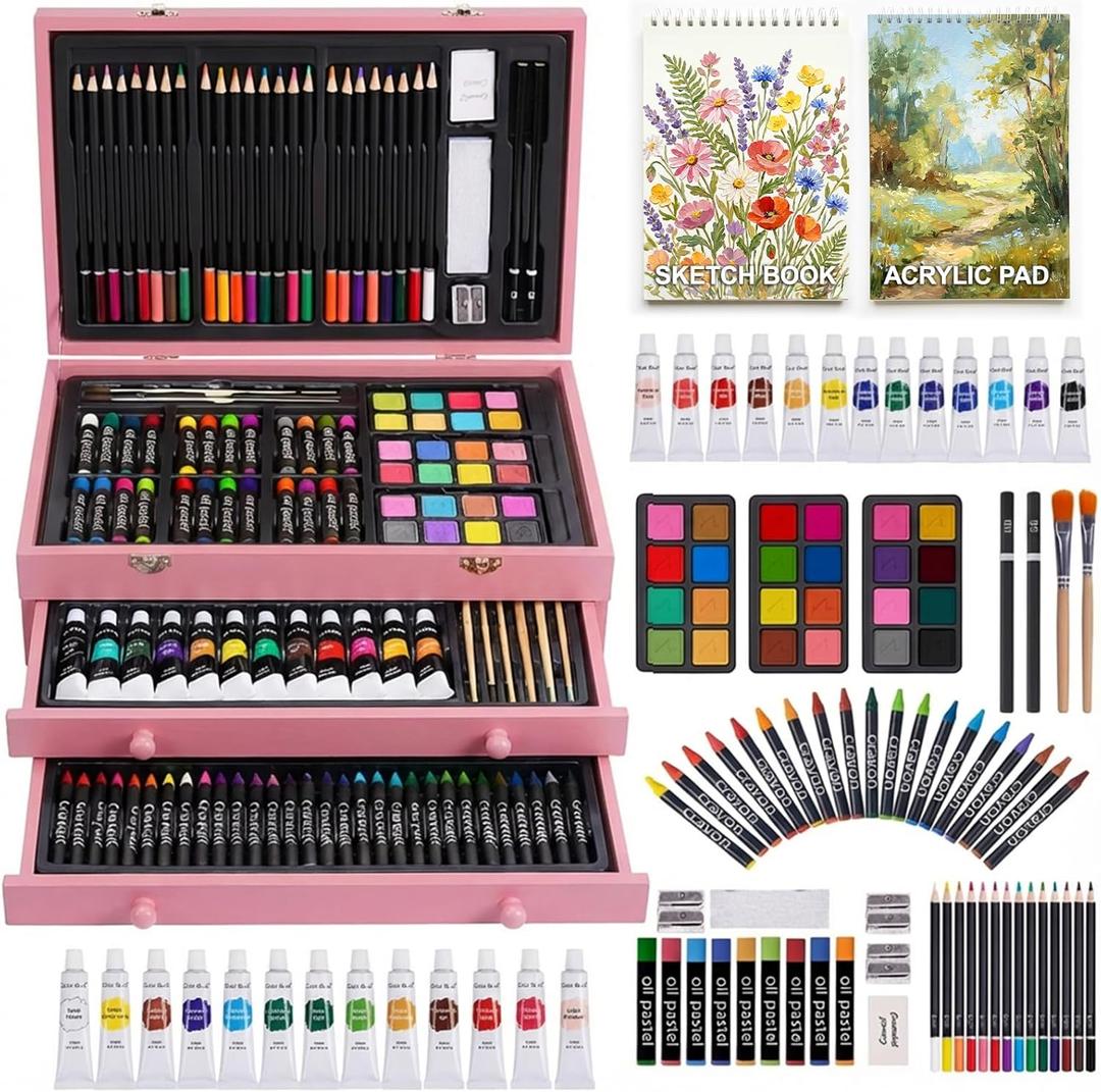 175-Pack Deluxe Wooden Art Set Drawing Painting Kit with 2 Drawing Pads, Acrylic Paints, Colored Pencils, Crayons, Paint Brush, Art Kit in Wooden Case, Gift for Artist, Adults, Teens and Kids (Pink)