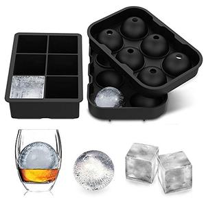 Large Ice Cube Trays Ice Ball Maker with Lids Combo(Set of 2), Silicone Sphere & Square Flexible Ice Cube Molds for Cocktails, Whiskey, Juice and Any Drinks- Reusable & BPA Free (Black)