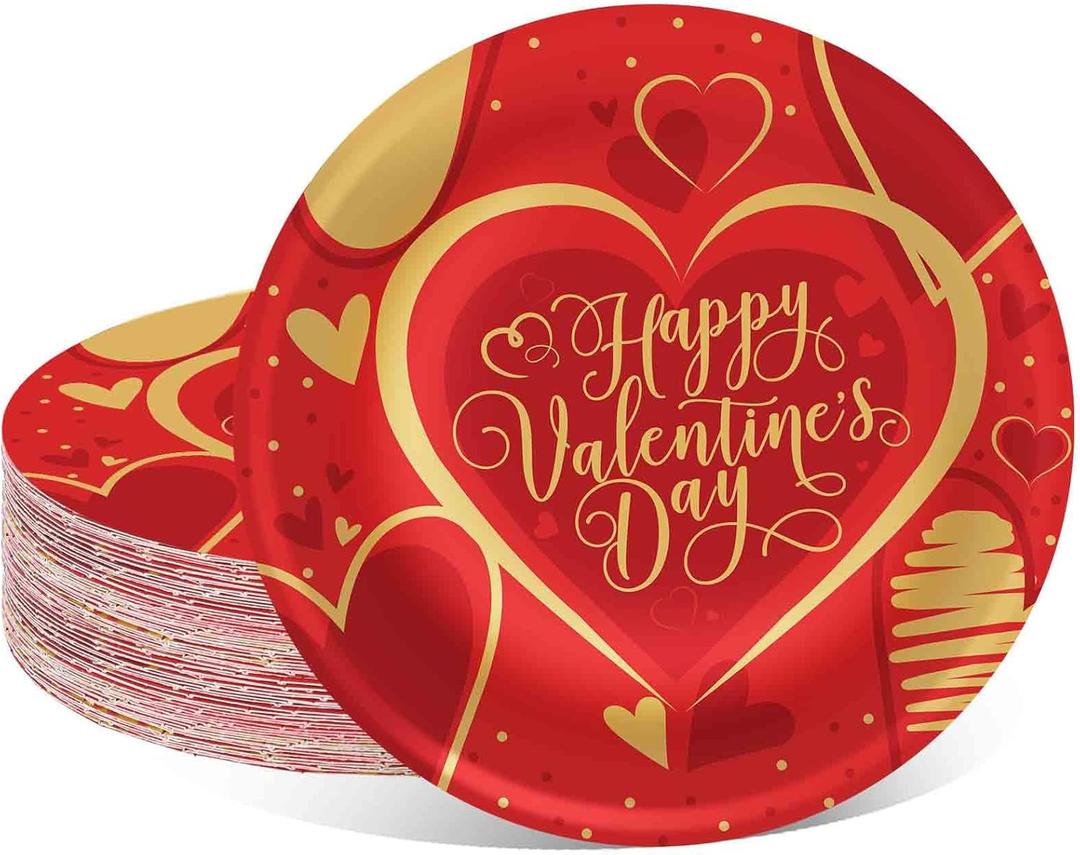 3 x Whaline 40Pcs Valentine's Paper Plates Gold Foil Love Heart Round Disposable Plates 9 Inch Red Decorative Tableware for Valentine's Day Anniversary Birthday Party Supplies