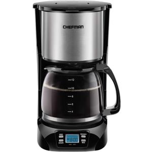 Chefman 12-Cup Programmable Coffee Maker, Electric Brewer, Auto Shut Off, LCD Display With Auto-Brew Function, Anti-Drip Pot, Reusable Filter for Fresh Grounds, Round Stainless Steel, Glass Carafe