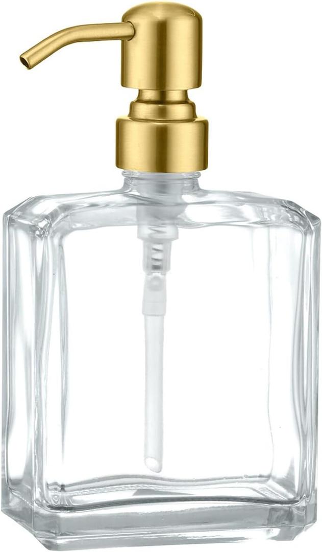 Clear Glass Soap Dispenser with Brushed Gold Pump, 13.5 OZ Liquid Soap Dispenser Square with Stainless Steel Pump with Waterproof Labels for Dish Hand Soap Bathroom Kitchen Vanity Countertop