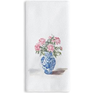 TNUW Chinoiserie Floral Kitchen Towels 16x24 Inch, Blue and White Chinoiserie Porcelain Floral Hand Towels for Bathroom Decor, Grand Millenial Decor Dish Tea Towels for Kitchen