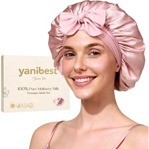 YANIBEST 22 Momme 100% Mulberry Silk Bonnet for Sleeping Women Double Layer Sleep Bonnet with Tie Band, Sleep Cap (Blushpink)