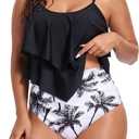 Womens Tankini Swimsuits High Waisted Bathing Suits Tummy Control Ruffled Top Swimwear Two Piece Swimming Suits 02 Black White 6-8