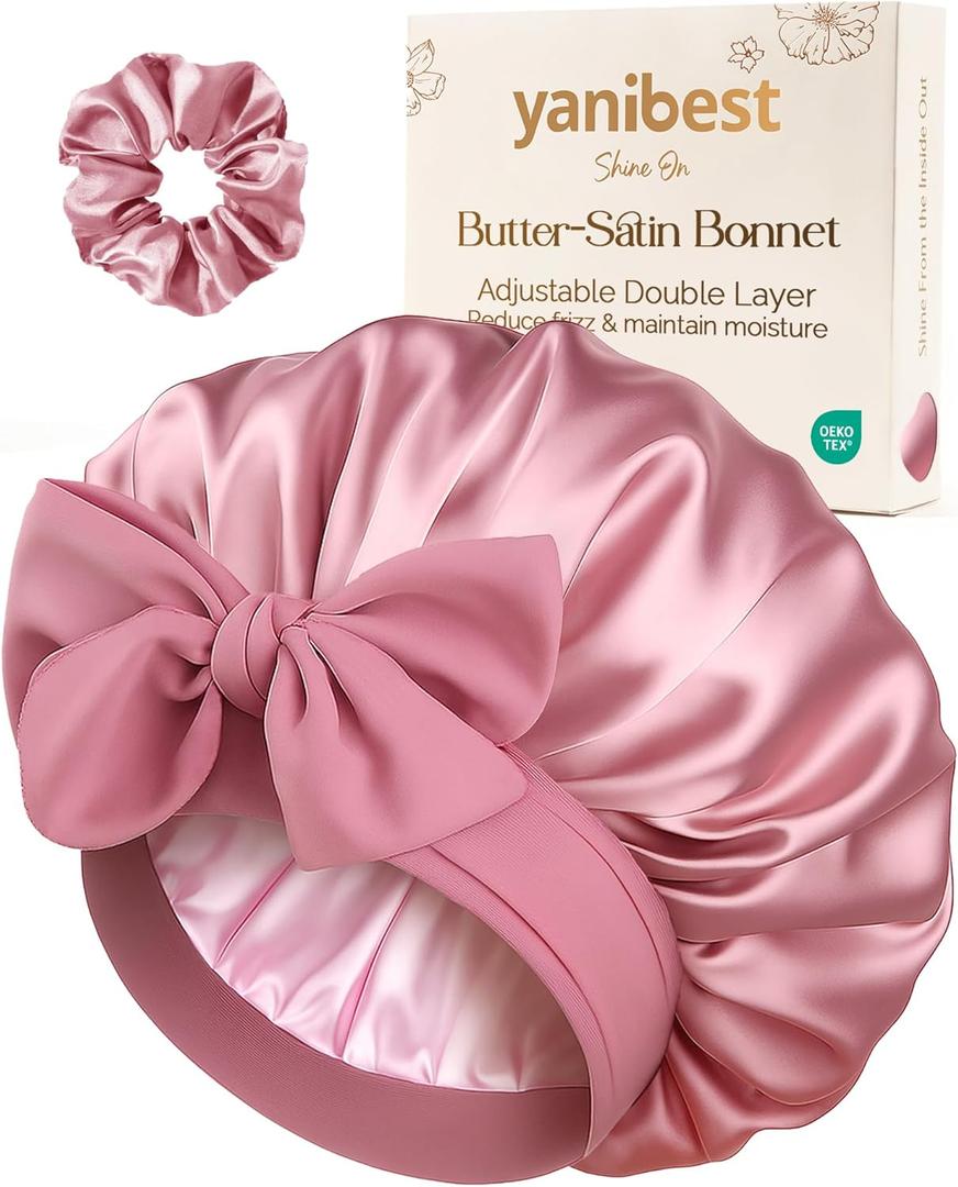 YANIBEST Adjustable Double Layer Satin Bonnet, Silk Hair Bonnet for Sleeping with Elastic Tie Curly Natural Hair Reduce frizz (One Size, Beanpaste Pink)