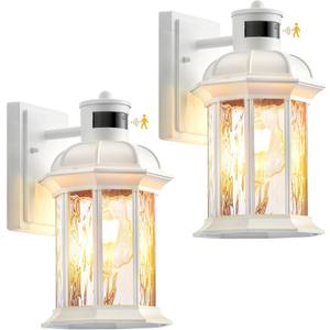 VIANIS 2-Pack Motion Sensor Outdoor Lights for House, White Garage Light Wall Mount Lantern, Modern Exterior LED Wall Lights Fixtures with Ripple Tempered Glass, Outside Wall Sconce Lamp for Porch