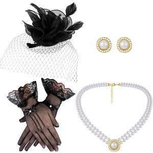 Bencailor 50s Fascinator Hat for Women Funeral Veil Hats Set Mesh Headpiece and Lace Glove Necklace Earring for Tea Party Cocktail