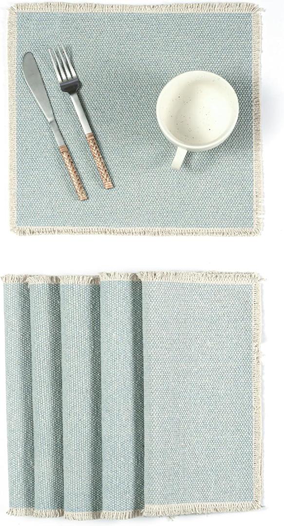 Hausattire Cotton Frayed Placemats Set of 6 Dining Table 14x14 Inch | Rustic Vintage Boho Washable Easter Placemat for Outdoor Parties BBQ's Wedding, Holiday, Special Occasions, Nubby Cotton - Blue
