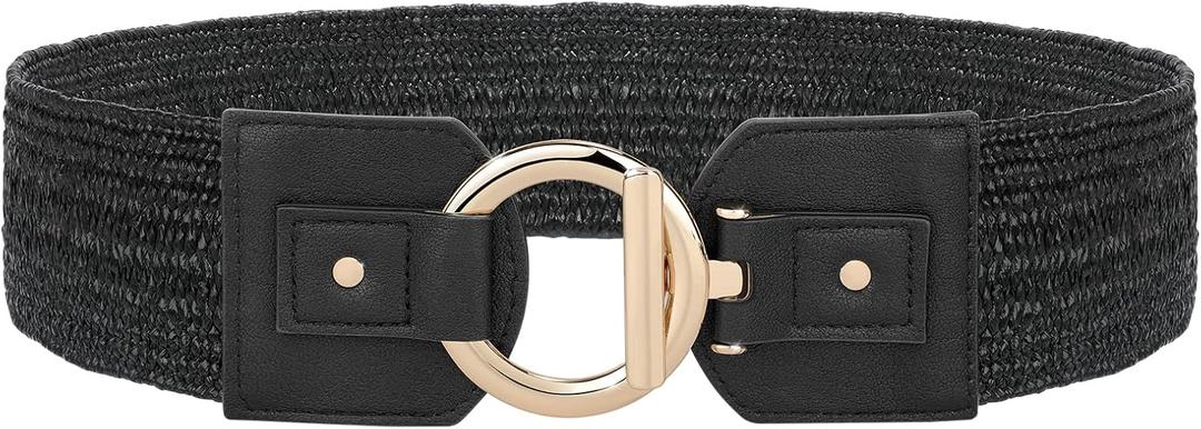 JASGOOD Straw Woven Elastic Belt for Women Vintage Wide Stretch Waistband for Dress Boho Ladies Summer Dress Belt (Black, XL)