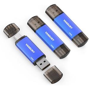 Vansuny 128GB 3 Pack USB Type-C Flash Drives 2-in-1 Dual Flash Drive USB A + Tape C OTG Flash Drive for Android Smartphone Tablet Computer Laptop (Blue)