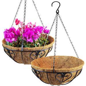 2 Packs 12" Hanging Planter Basket with Coco Liner, Metal Round Wire Plant Holder with Chain for Porch Decor Planter Pot Hanger Garden Lawn Decoration Indoor Outdoor Watering Hanging Baskets