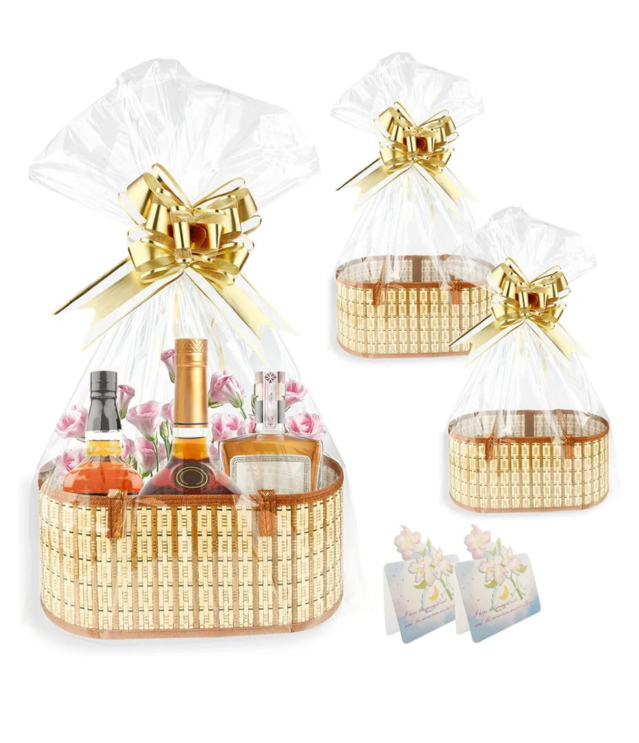 QTRQTR 2 Set Baskets for Gifts Empty Gift Basket with Handle Large Foldable Woven Bamboo Empty Gift Baskets To Fill for Christmas Valentine's Day Birthday Party Housewarming