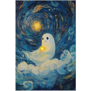 GSPQAZ Smiling Ghost with Star Canvas Print - Playful Halloween Wall Art for Home Dcor 12x18-Unframed (U696)
