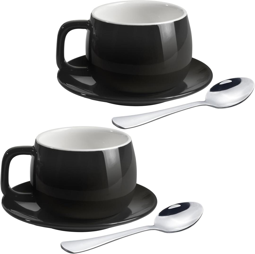 ionEgg Porcelain Coffee Cup with Saucers and Spoons 270ml/9oz for Latte, Cappuccino and Tea, Black, Set of 2