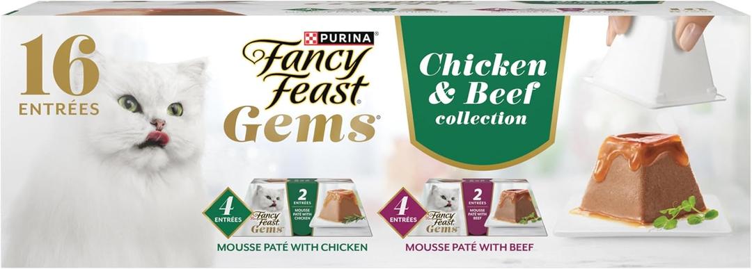 Fancy Feast Gems Pate Cat Food Mousse Chicken or Beef and a Halo of Savory Gravy Wet Cat Food Variety Pack - (1) 8 ct. Boxes - 8 ct. Box (EXP 02/01/27)