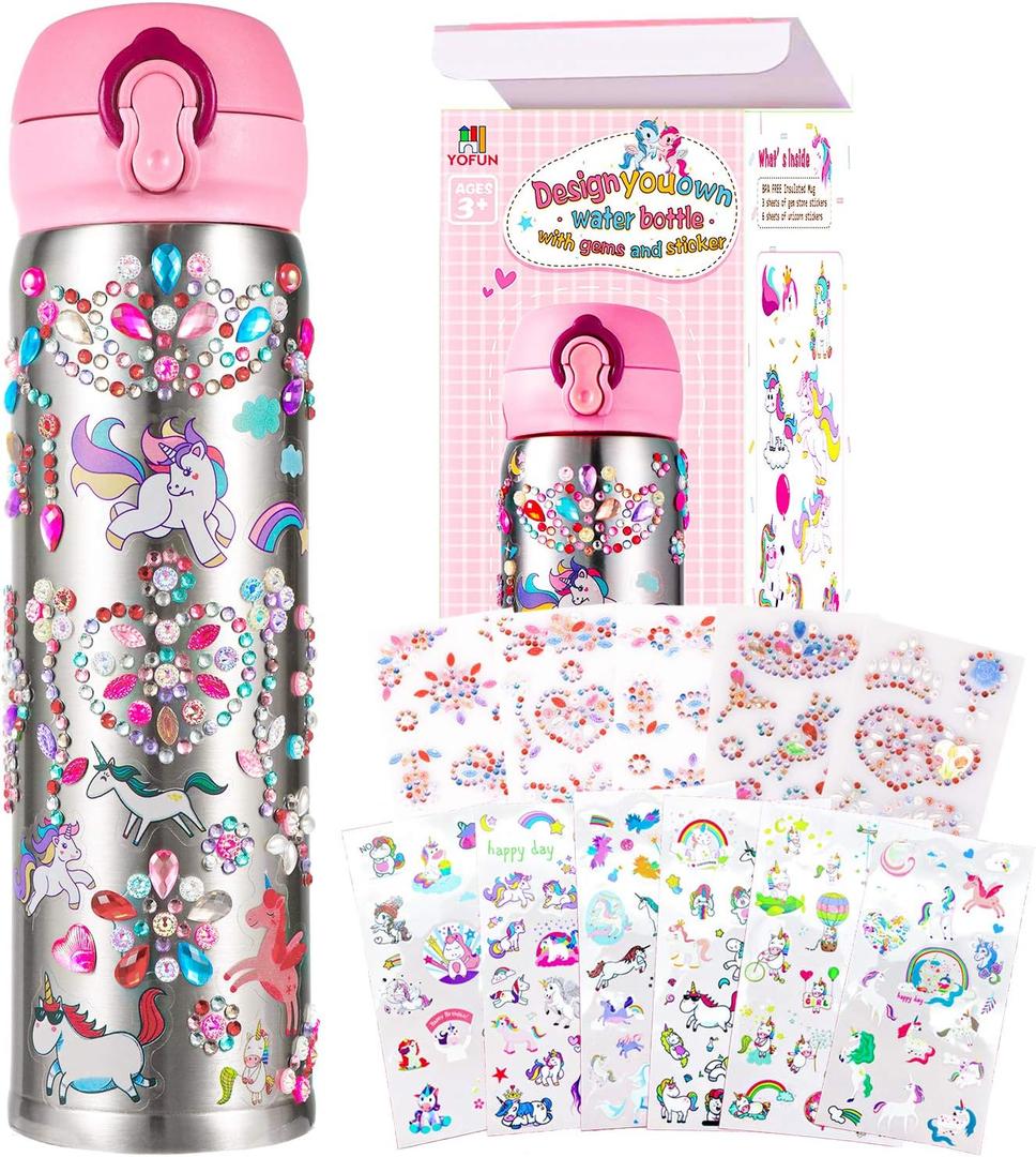YOFUN Decorate Your Own Water Bottle with 11 Sheets of Unicorn Stickers & Glitter Gems, Craft Kit & Art Kit for Children, Gift for Girls Age 4 5 6 7 8 9 10 Years Old Kids, BPA Free Insulated (Silver)