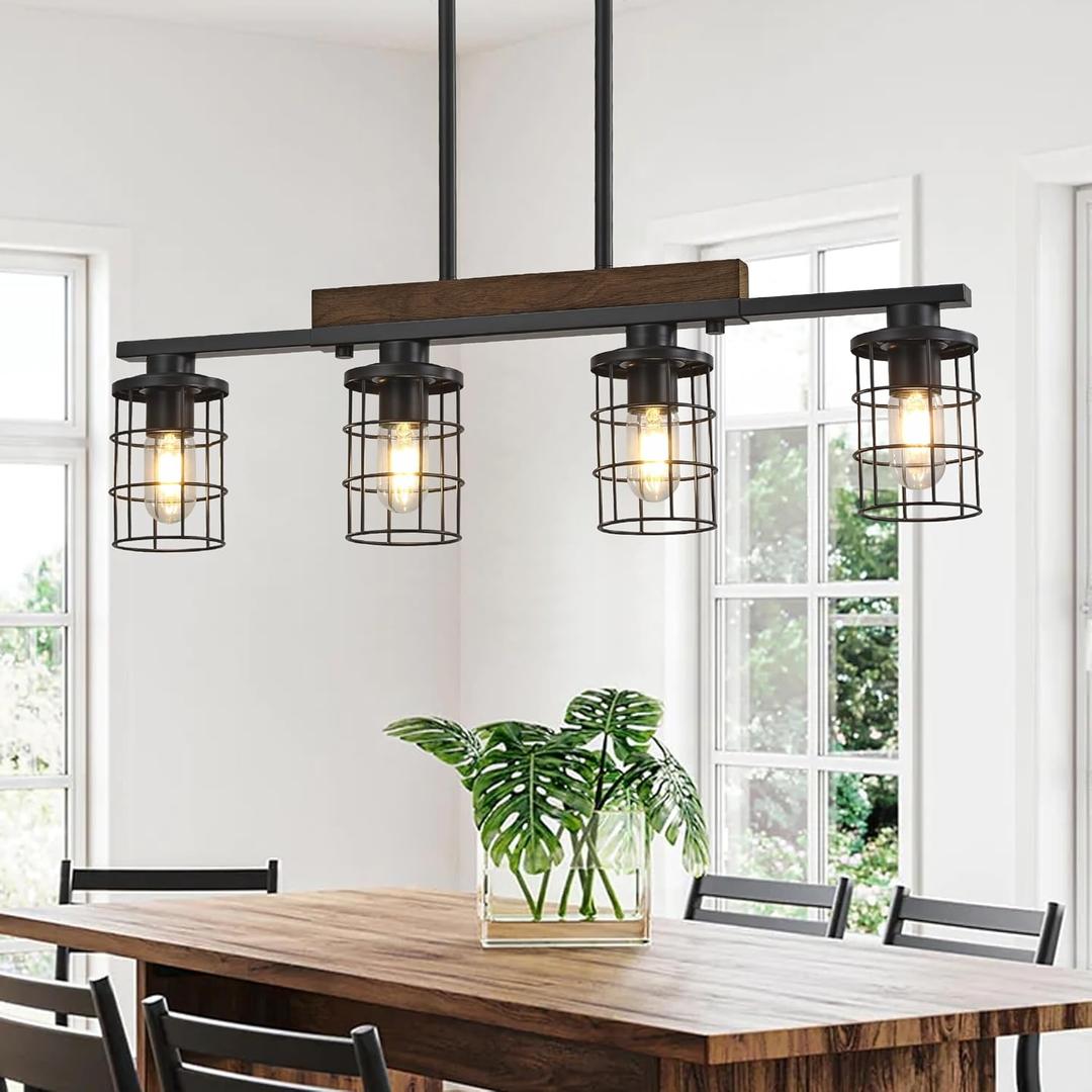 30" Farmhouse Kitchen Light Fixture, Black Hanging Kitchen Chandelier, 4-Light Rustic Dining Room Light Adjustable Height with Wood and Metal Frame, Suit for Farmhouse, Industrial Style