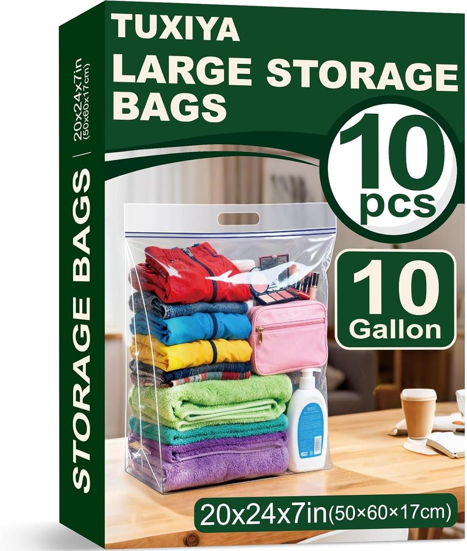 10 PACK Extra Large Storage Bags, 10 Gallon 24"x20"x7", Resealable Clear Bags with Handle, XL Heavy Duty for Clothes Travel Moving, Double Zipper Seal, Expandable Bottom, Thick 8 Mils