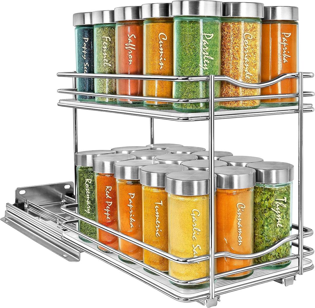 LYNK PROFESSIONAL Pull Out Spice Rack Organizer for Inside Kitchen Cabinets - 6-3/8 inch Wide - Slide Out Drawer  Chrome Sliding Spice Cabinet Organization Shelf Racks - 2 Tier