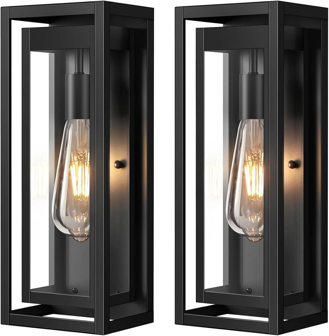 15" Large Outdoor Wall Lights, 2 Pack Matte Black Outdoor Sconces, Modern Waterproof Exterior Lighting Fixtures with Clear Glass Shade for Front Door, Porch, Garage