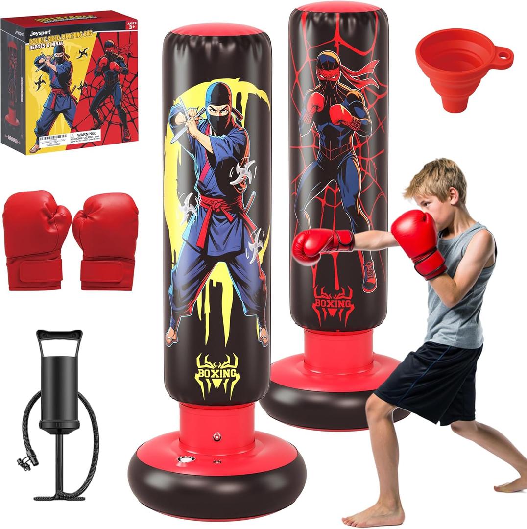 66-Inch Inflatable Kids Punching Bag, Ninja & Hero Double-Sided Boxing Bag for Boys & Girls Ages 3-12, Durable Bounce-Back Karate Training Toy with Gloves, Birthday for Kids Active Play