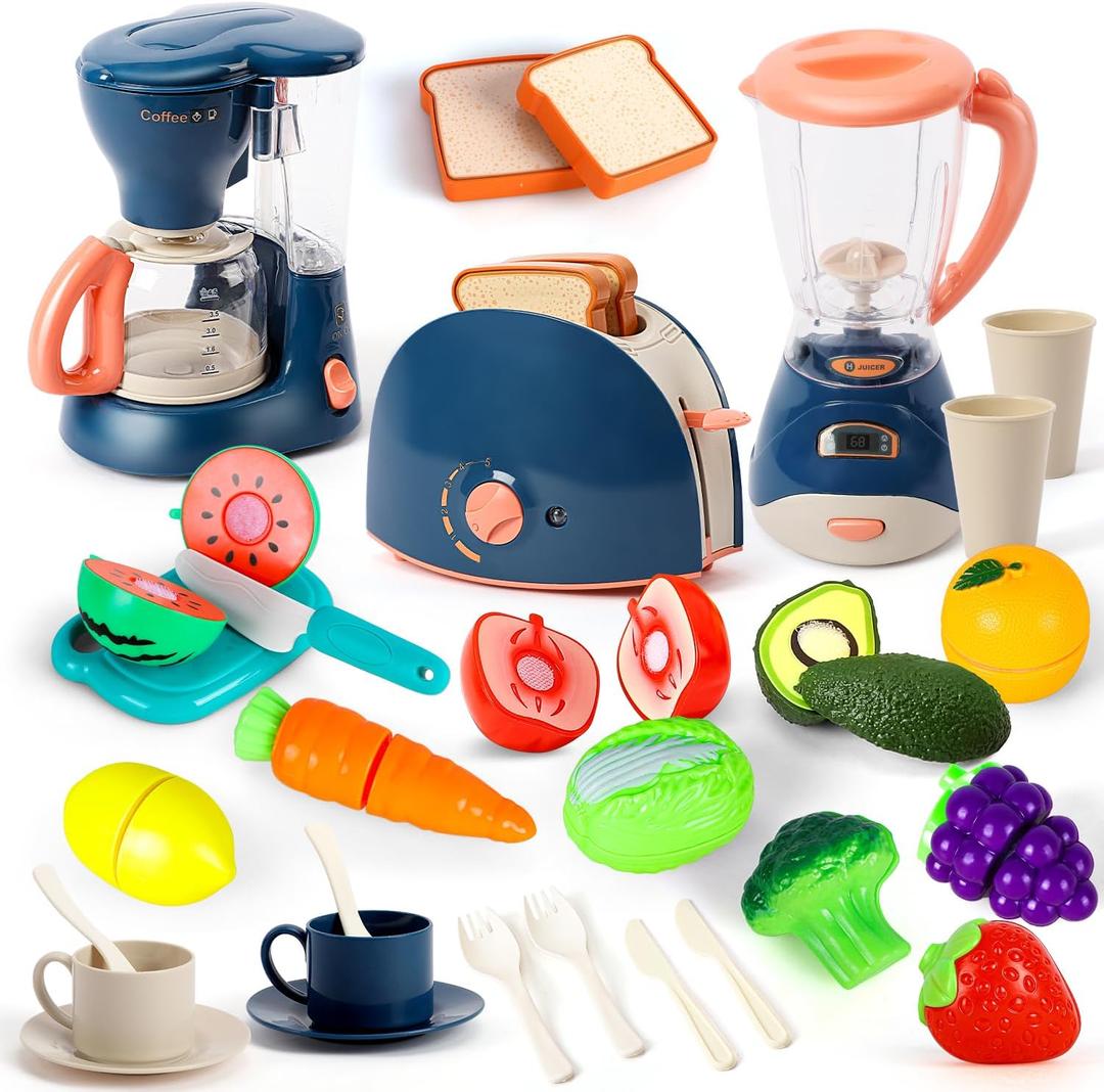 TOY Life Kids Blender, Coffee Maker, Toaster, Toy Kitchen,Play Kitchen Appliances Kids with Light and Sound, Play Coffee Maker for Toddlers, Learning Kitchen Toys Gift for Grils Boys