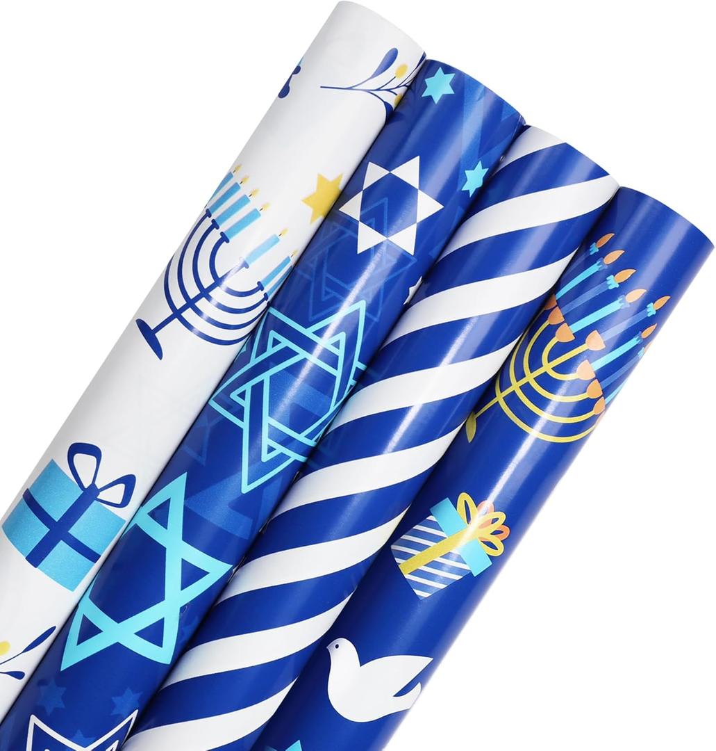 Tifeson 4 Rolls Hanukkah Wrapping Paper, Mini Roll, Chanukah Blue White Holiday Gift Wrapping Paper Menorahs, Star of David, Dreidel Stripe Design,17 Inch x 118 Inch Per Roll