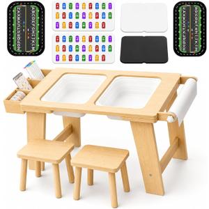 7-in-1 Wooden Sensory Table with Chairs for Toddlers, Kids Sensory Bin Table with Paper Roll, Double-Sided Tabletop for Sand & Water Play, Montessori Activity Tables for Kids, Natural