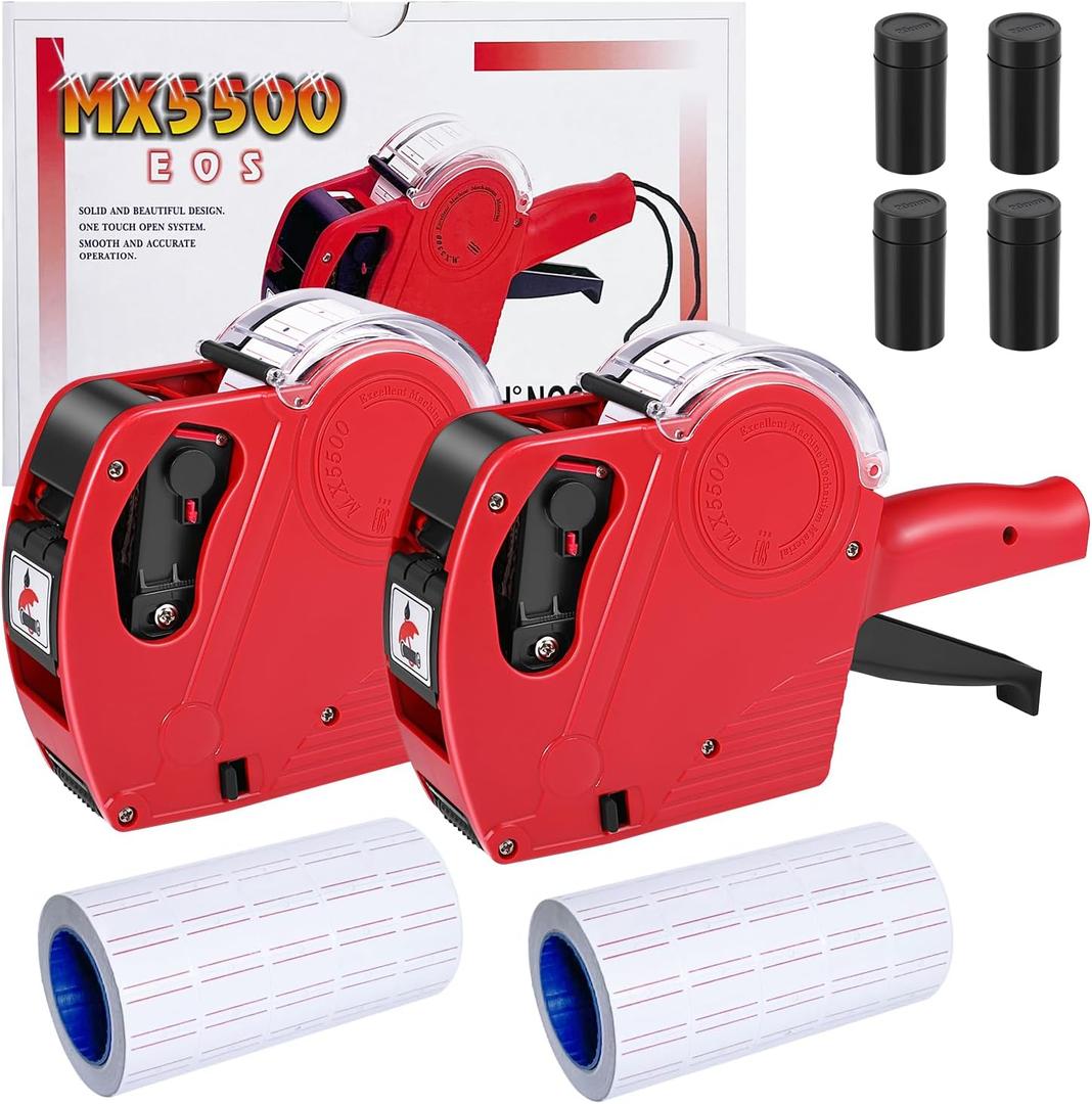 Price Gun, 2 Pack Pricing Gun - 8 Digits Price Tag Gun with 5000 Labels & 4 Ink Rollers Kit Red Pricing Label Maker for Retailer,Supermarket
