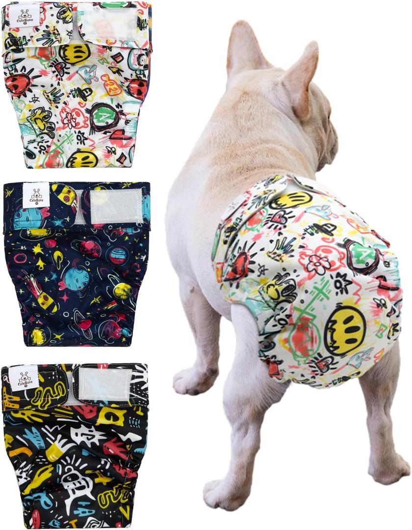 CuteBone Washable Dog Diapers Female No Tail Hole 3 Pack Reusable Doggie Period Training Pants for Docked-Tail Frenchie French Bulldog Boston Terrier Without Tail WWD26L Large