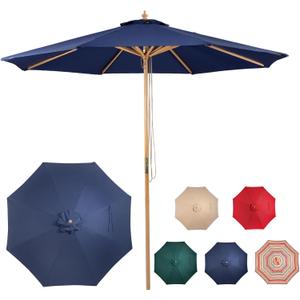 9ft Wooden Umbrella, Outdoor Patio Umbrella, Wood Market Umbrella, Patio Umbrella Wood Pole with Pulley Lift for Garden, Yard, Deck, Pool, Market