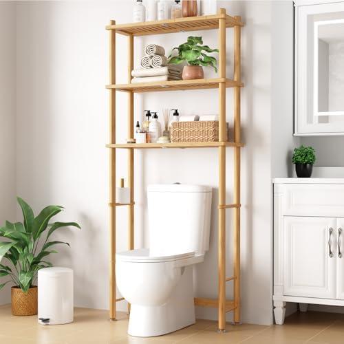 Kitsure 3-Tier Bamboo Over The Toilet Storage Cabinet, Bathroom Organizer and Above Toilet Shelf with Paper Holder, Freestanding Space Saving Rack with Wall Anchor, Natural (63” H)
