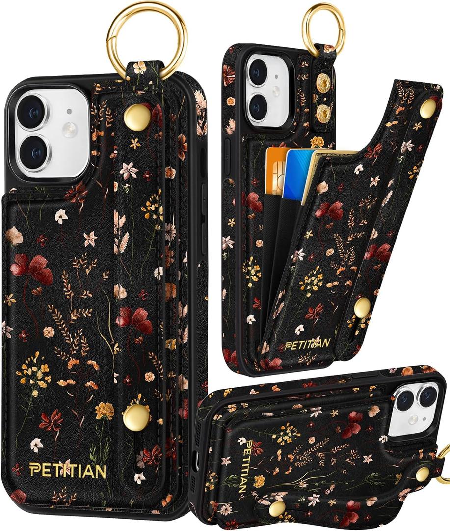 Petitian for iPhone 11 Case with Wallet - Women Girls Cute Girly Aesthetic Unique Design Leather Credit Card Holder Cardholder Stand Wristband for iPhone 11, Grow Flower