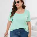 Womens Plus Size Tops Square Neck Puff Short Sleeve Loose Fit Casual Solid Summer Tee T Shirts (1X-5X)