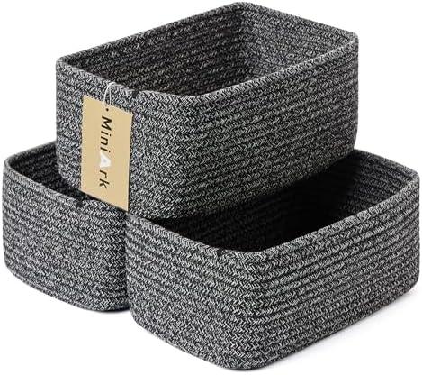 MiniArk Small Storage Baskets for Organizing | Closet Organizer Bins | Shelf Toy Basket | Woven Rope Baskets | Cube Decorative Box | Shallow Basket | 11.5x7.5x4.7” | 3 Packs Dark Gray