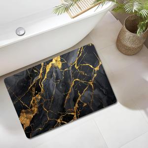 Bathroom Mat Rug Black Marble Patterned, Mat for Master Guest Bath Floor, Kitchen Bathroom Sink, Non-Slip, Ultra-Thin, Absorbent, Quick Dry, Aesthetic Bath Mat, Rubber Backing, 17 x 24 in