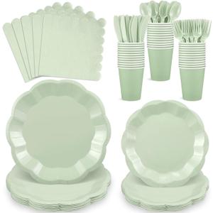 NatNarr 175 Pcs Sage Green Plates and Napkins Set, 25 Guest Sage Green Party Supplies Include Scalloped Paper Plate Napkin Cup Forks Knives Disposable Plastic Cutlery for Wedding Baby Shower Birthday