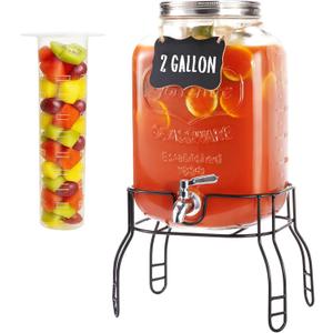 2 Gallon Large Glass Drink Dispenser Set, Beverage Dispensers with Stand & 18/8 Stainless Steel Spigot, Leakproof for Lemonade, Sun Tea & Iced Tea