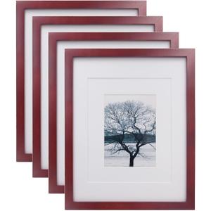 Egofine 11x14 Picture Frames 4 Pack Display Pictures 5x7/8x10 with Mat or 11x14 Without Mat Made of Solid Wood Covered by Plexiglass for Table Top Display and Wall Mounting Photo Frame, Cherry Red