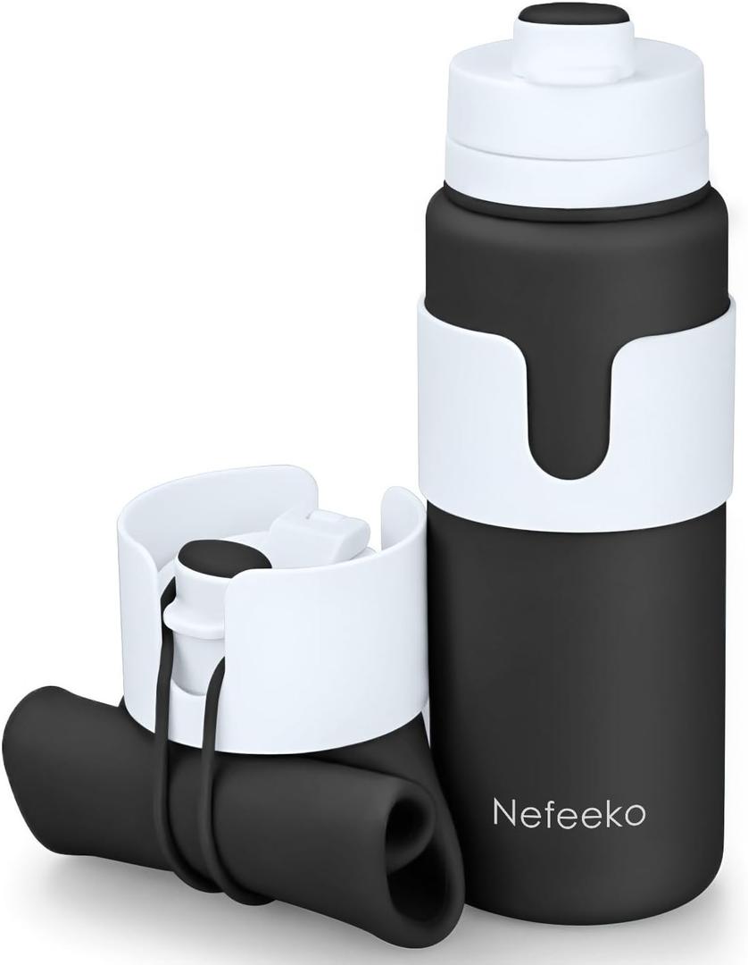 Nefeeko Collapsible Water Bottle, BPA Free 26oz Foldable Water Bottle for Travel Sports, Leak-Proof Spill-Proof Portable Water Bottles with Carabiner, Lightweight (Black)