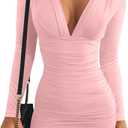 GOBLES Women's Sexy Long Sleeve V Neck Ruched Bodycon Mini Party Cocktail Dress (Pink, S)