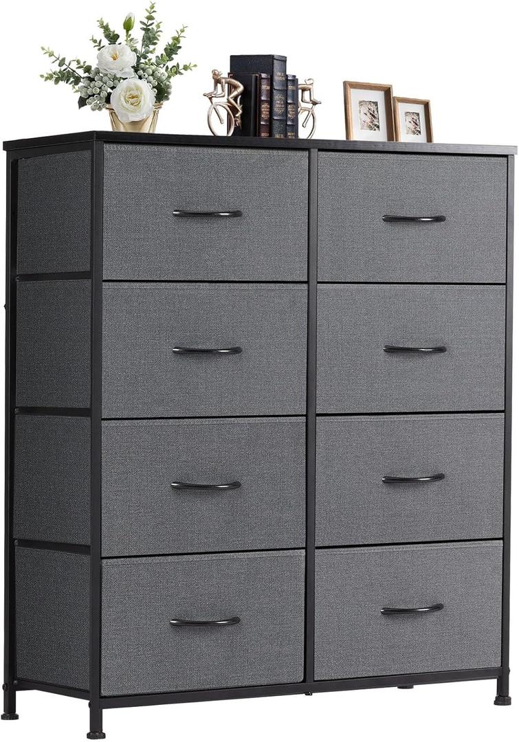 DUMOS 8 Drawer Dresser for Bedroom, Fabric Storage Organizer with Sturdy Metal Frame, Wooden Top Chest of Drawers for Closet Entryway Guest Room, Grey