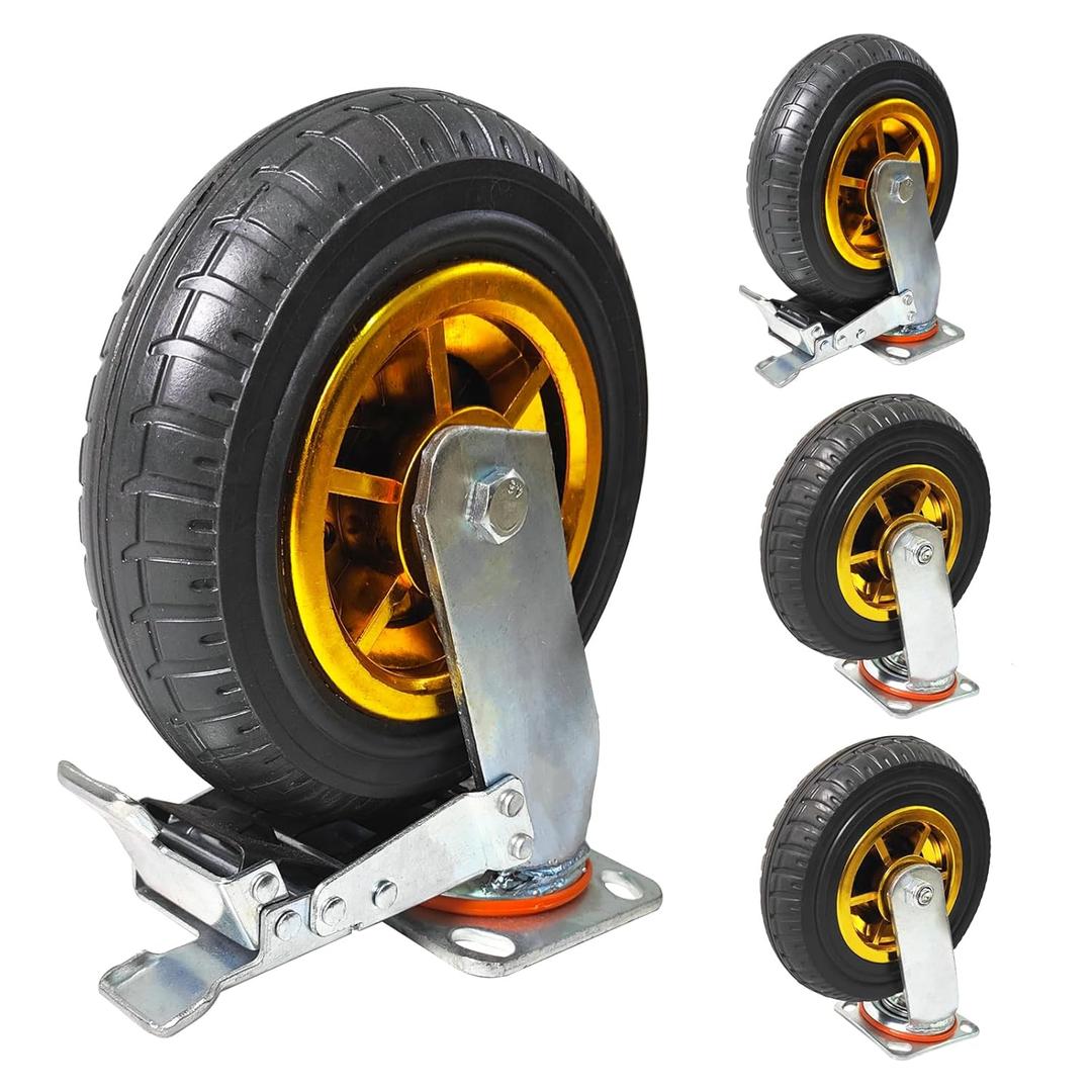 8 Inch Heavy Duty Casters Wheels Set of 4 Swivel Industrial Casters Rubber Wheels Tires for Cart Bench Shop Dolly Outdoor Wheels Replacement with 2 Brake and 3000Lbs Load Capacity, 4 Pack