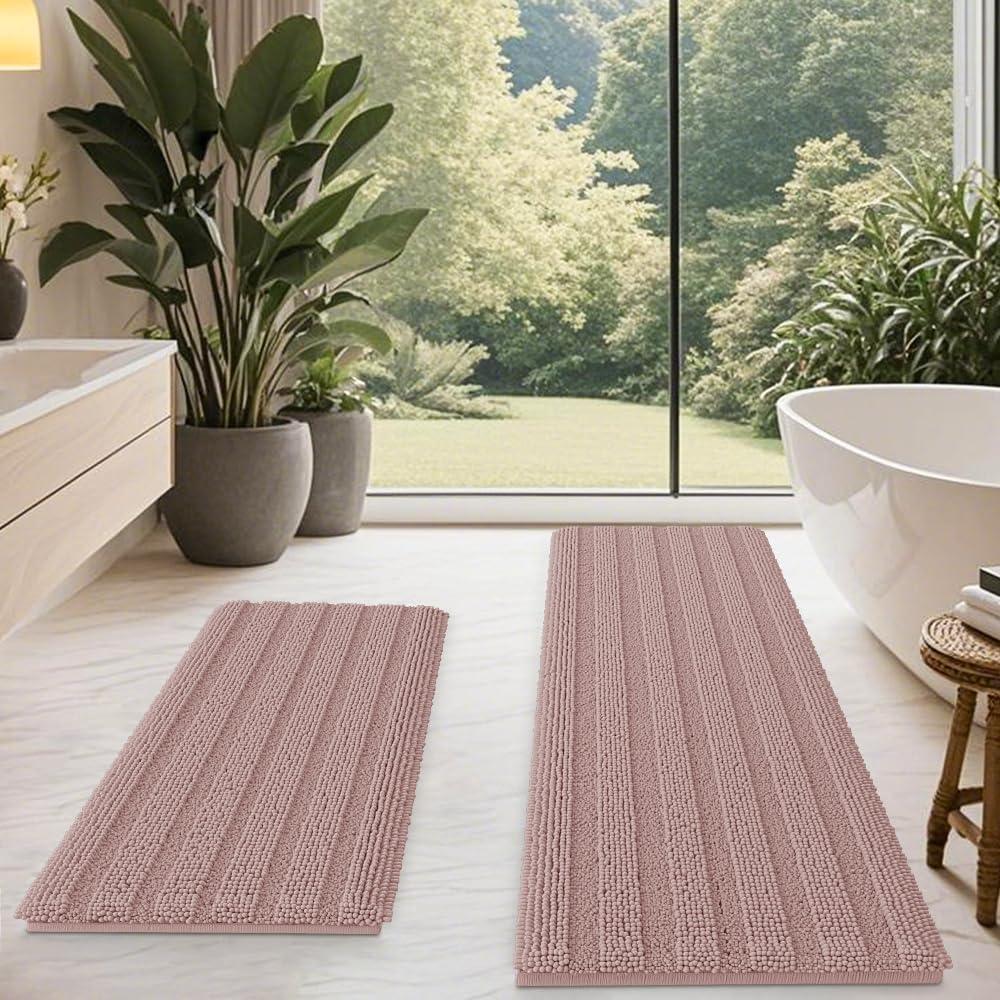 ACCUMTEK Striped Dusty Pink Bathroom Rug Mat Set 2 piece 24"x17"+48"x20" Ultra Soft, Non Slip Chenille Bath Rugs, Absorbent Plush Shaggy Bath Mats for Bathroom, Bedroom, Kitchen, Shower, Tub