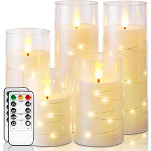 Homemory Flameless Candles with Embedded Star String Fairy Lights, Battery Operated Candles, LED Candle, Fake Candles with Remote Control and Timer, Ivory, Set of 5(H4 5" 6" 8" 8")