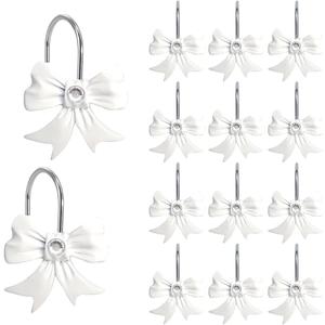 Shower Curtain Hooks,12pcs White Decorative Bow Knot Shower Curtain Rings for Girl Bathroom Art Decors